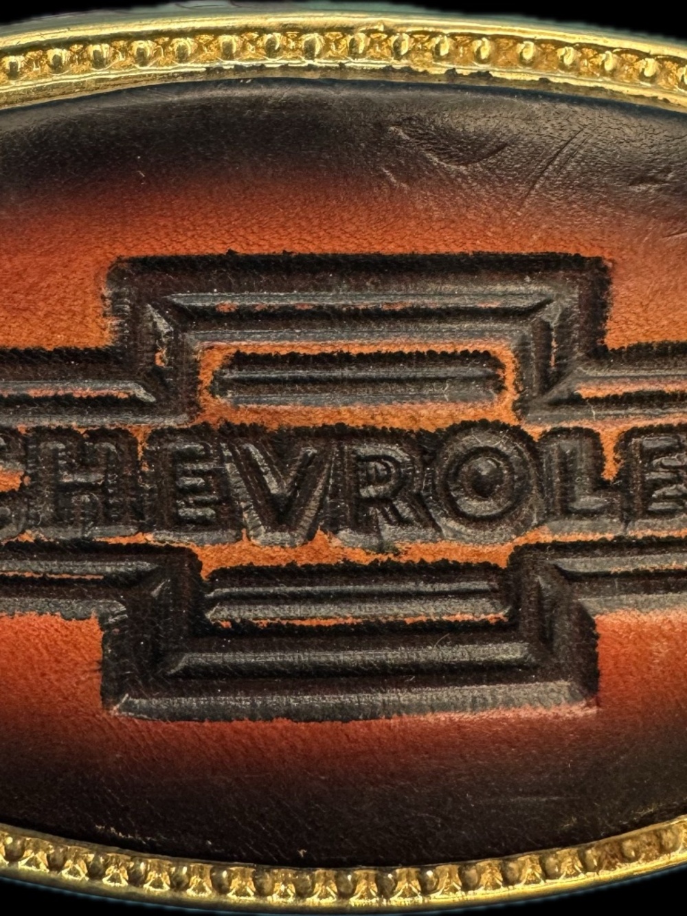 Chevrolet Chevy Tooled Leather On Alumaline Gold Tone Metal Vintage Belt Buckle
